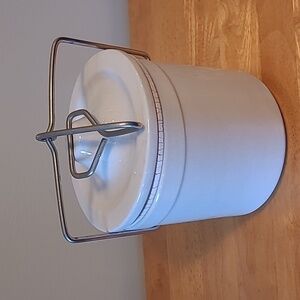 VINTAGE Cylindrical Stoneware Cheese Crock with Lid and Metal Wire Bail Closure